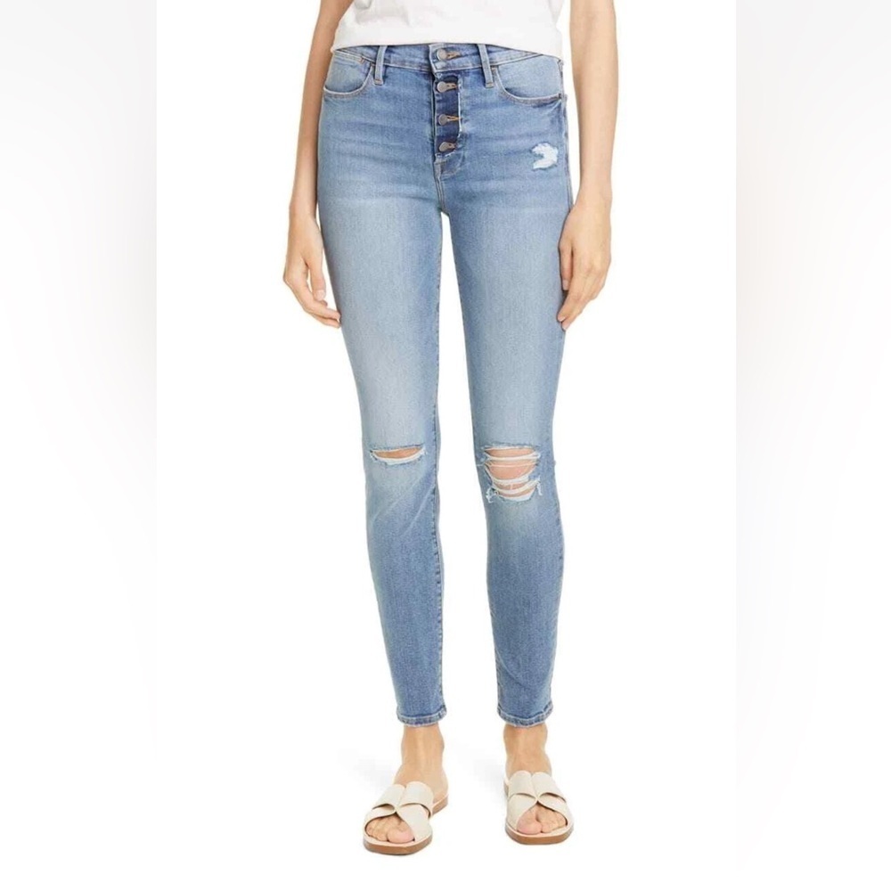 Frame Le High Skinny Distressed Jeans Exposed Button Fly Light Blue Wash size 32